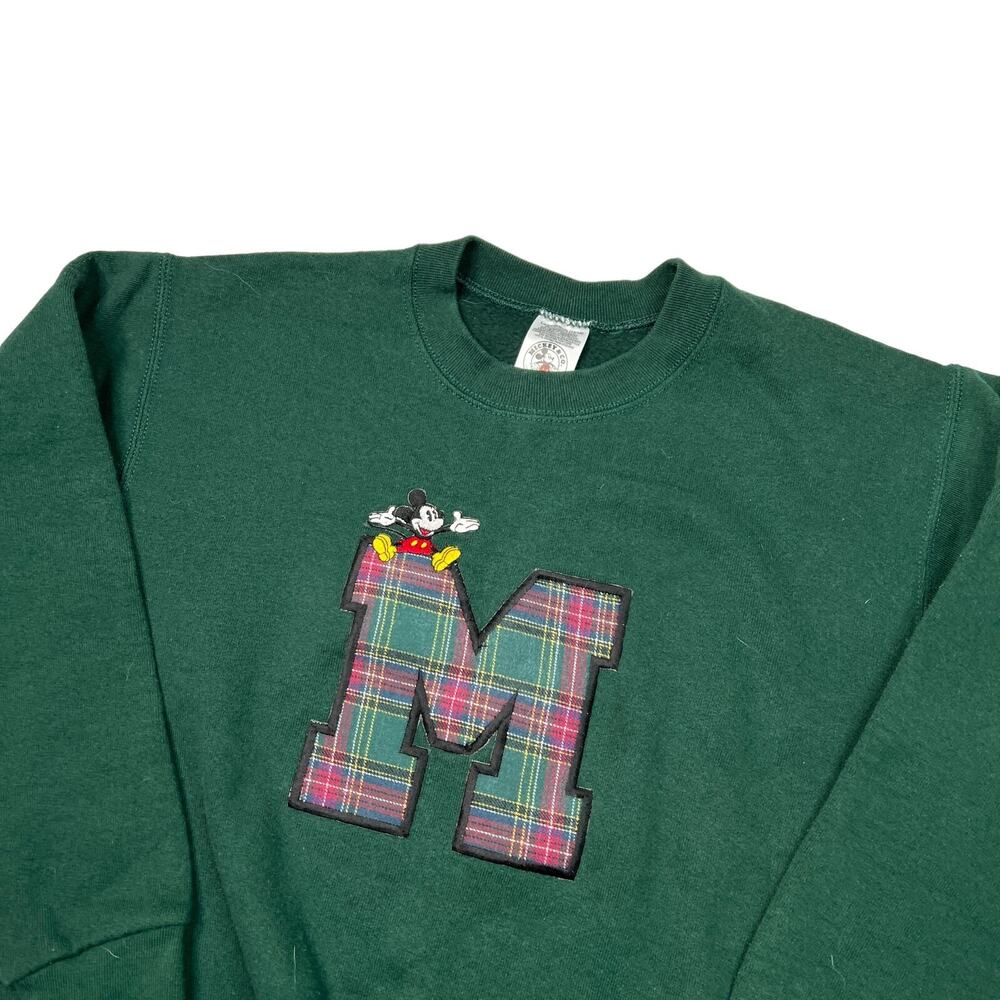 Disney VTG 90s Mickey Mouse Plaid Collegiate Crewneck Sweatshirt Green Youth Lg - Picture 3 of 5
